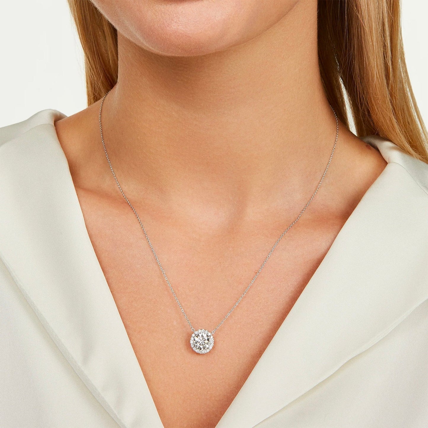 2.00 CTW Lab-Grown Diamond Halo Pendant Necklace – 14K White Gold, AGI Certified