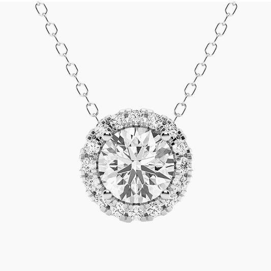 2.00 CTW Lab-Grown Diamond Halo Pendant Necklace – 14K White Gold, AGI Certified