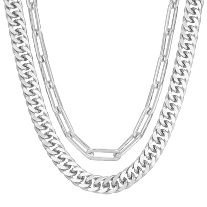 Double Layer Wren Necklace – 10K Gold or Rhodium | Bold Curb & Paperclip Chain