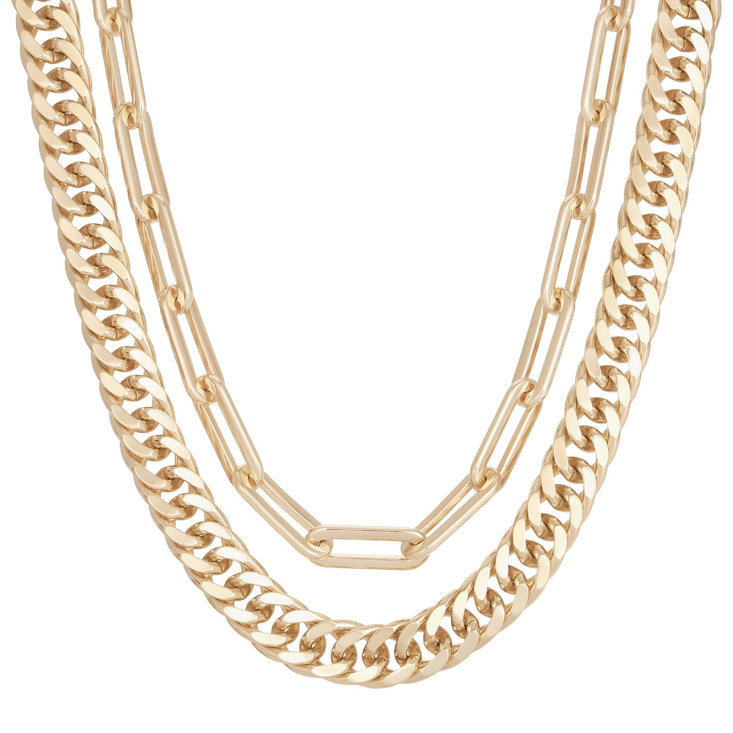 Double Layer Wren Necklace – 10K Gold or Rhodium | Bold Curb & Paperclip Chain