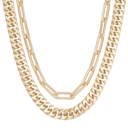 Double Layer Wren Necklace – 10K Gold or Rhodium | Bold Curb & Paperclip Chain
