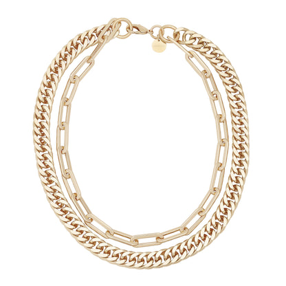 Double Layer Wren Necklace – 10K Gold or Rhodium | Bold Curb & Paperclip Chain
