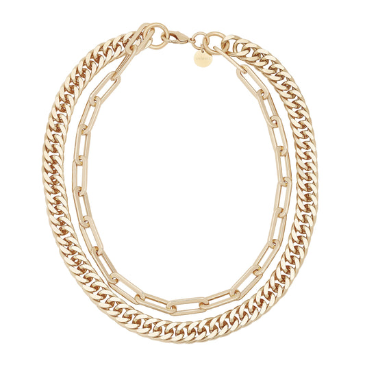 Double Layer Wren Necklace – 10K Gold or Rhodium | Bold Curb & Paperclip Chain
