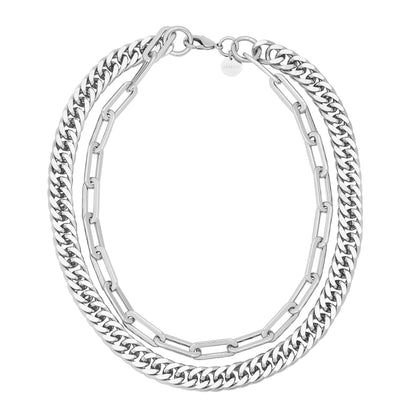 Double Layer Wren Necklace – 10K Gold or Rhodium | Bold Curb & Paperclip Chain