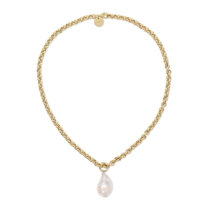 XL Baroque Pearl Pendant Necklace – Micro Rolo Chain in 14K Gold or Rhodium Plate