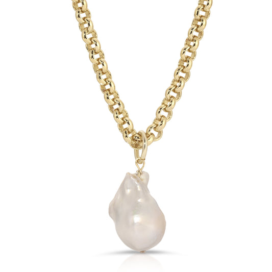 XL Baroque Pearl Pendant Necklace – Micro Rolo Chain in 14K Gold or Rhodium Plate